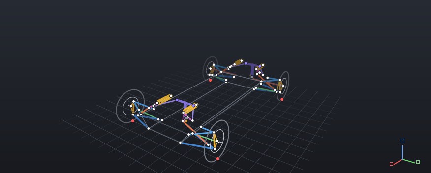 HFG 3-D viewport: the example F1000 vehicle's four suspension corners, anti-roll bars and coilovers in an isometric view